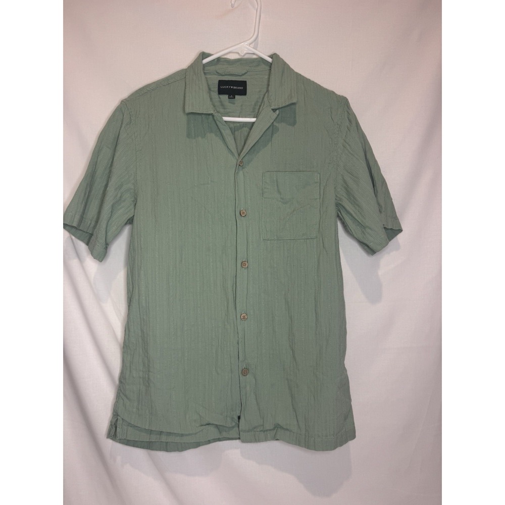 Lucky Brand Men's Small Sage Green Textured Cotton Camp Collar Button Up Shirt